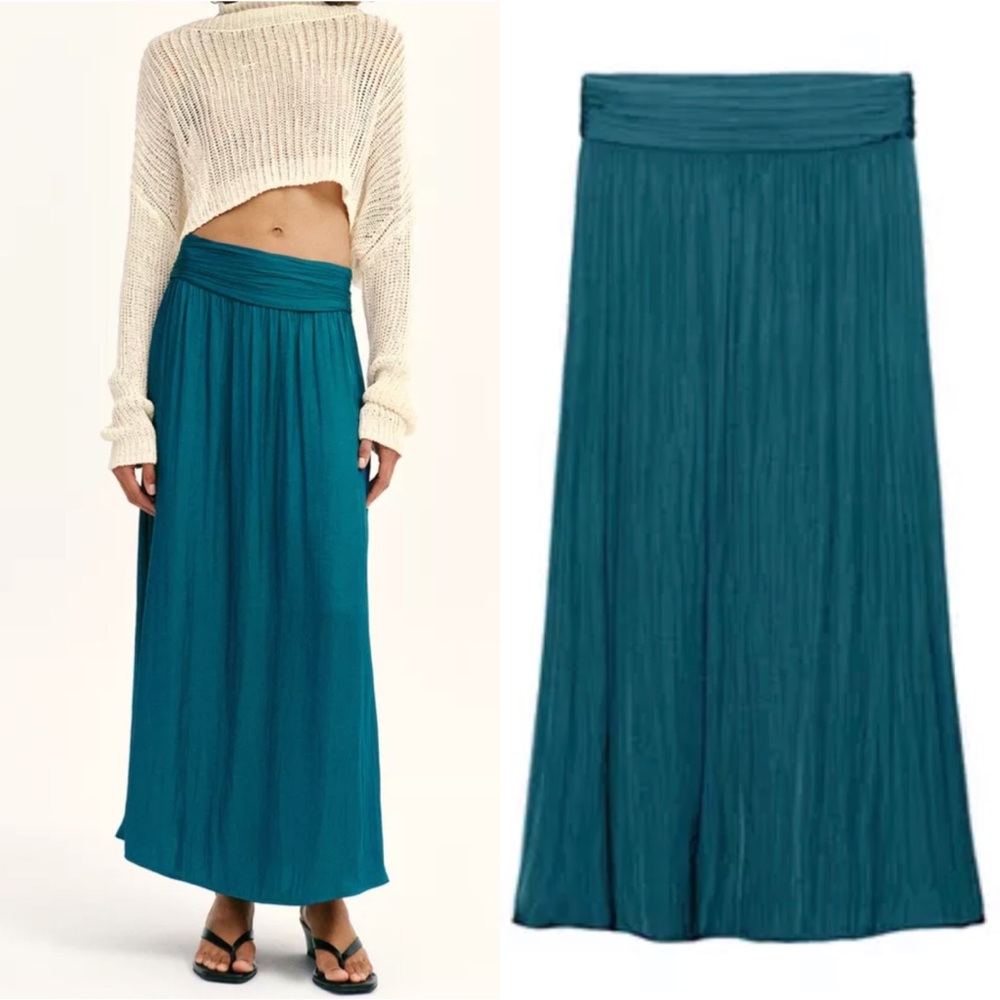 NWT Zara Blue Teal Satin Midi Skirt Pleated Ruched High Waist Womens Small